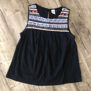 Akemi & Kin Black Sleeveless Swing Tank Tribal Trim & Beading Anthropologie Med